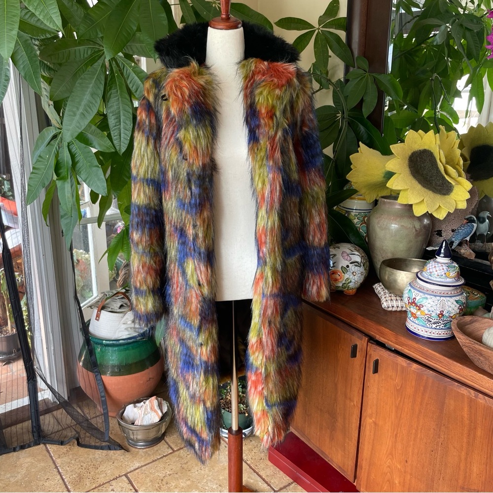 SpiritHoods Parrot Calf Length Collared Faux Fur Multicolored Coat w/ Pockets
